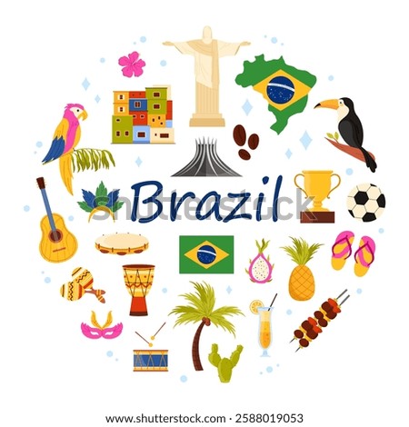 Brazilian culture elements and landmarks, flag and map of Brazil, musical instrument and carnival in round infographic banner. BBQ and tropical palm tree, parrot and cactus cartoon vector illustration