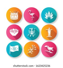 Brazilian culture flat design long shadow glyph icons set. Traditional masquerade. Flamingo. Jesus statue. Carnival hat. Samba. Ethnic festival. National holiday. Silhouette RGB color illustration