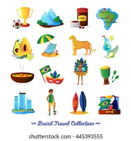 Brazilian culture food and traditions for travelers with country map flat icons collection abstract vector isolated illustration