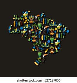 brazilian culture icons in country map shape over black background. colorful design. vector ilustration