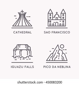 Brazilian culture linear icons set. Household items of the people and sights of the country.