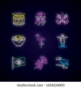 Brazilian culture neon light icons set. Traditional masquerade. Flamingo. . Carnival hat. Samba. Exotic birds. Signs with outer glowing effect. Vector isolated RGB color illustrations