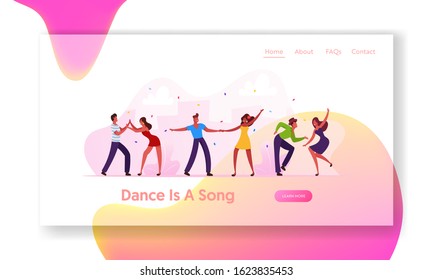 Brazilian Dance Club Party or Carnival Website Landing Page. Salsa Dancers in Colorful Costumes Having Fun, Latino Men and Women Brazil Dancing Leisure Web Page. Cartoon Flat Vector Illustration