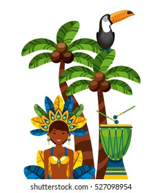 brazilian dancer with drum instrument and toucan bird. icons of brazilian culture over white background. vector illustration