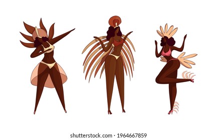 Brazilian Dark Skinned Samba Dancer in Feathered Costume Vector Set