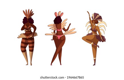 Brazilian Dark Skinned Samba Dancer in Feathered Costume Vector Set