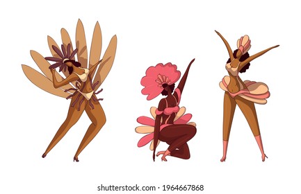 Brazilian Dark Skinned Samba Dancer in Feathered Costume Vector Set