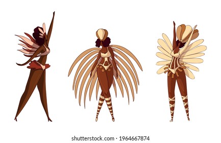 Brazilian Dark Skinned Samba Dancer in Feathered Costume Vector Set