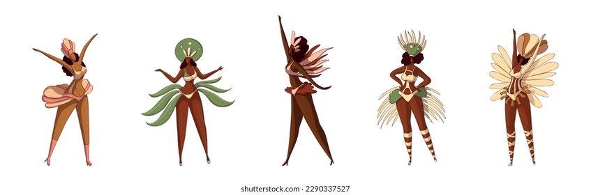 Brazilian Dark Skinned Samba Dancer in Feathered Costume Vector Set