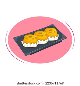 Brazilian dessert Quindim with coconut flakes. Latin American Sweets. National Latin American Cuisine. Vector illustration. Cartoon.