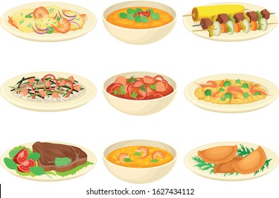 Brazilian Dishes or Main Courses Served on Plates Side View Vector Illustrations Set