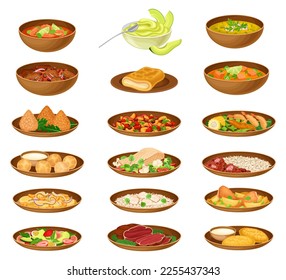 Brazilian Dishes or Main Courses Served on Plates Side View Big Vector Set