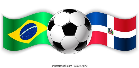 Brazilian and Dominican wavy flags with football ball. Brazil combined with Dominican Republic isolated on white. Football match or international sport competition concept.