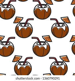 Brazilian drink seamless pattern coconut cocktail with straw and umbrella vector summer beverage in nut shell endless texture refreshment travel to Brazil wallpaper print alcohol or fruit juice