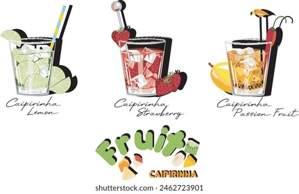 Brazilian cachaça drinks called caipirinha in 3 flavors. Refreshing and delicious for summer. Use or modify as you wish. Have fun!