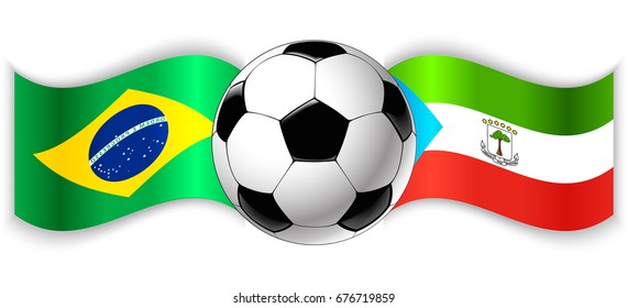 Brazilian and Equatorial Guinean wavy flags with football ball. Brazil combined with Equatorial Guinea isolated on white. Football match or international sport competition concept.