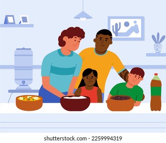 Brazilian family eating "feijoada", fish stew "moqueca" and rice. Vector. 