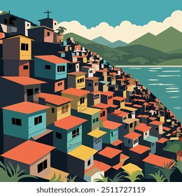 Brazilian favela landscape. Bright vector illustration.