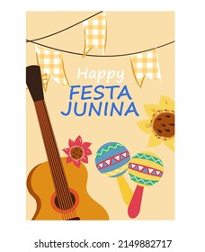 Brazilian Festa Junina festival card or poster with music instruments. Festa de Sao Joao or Junina holiday invitation banner template, flat vector illustration.