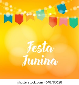 Brazilian Festa Junina greeting card, invitation. Party decoration, string of lights, paper flags. Modern blurred background. Vector illustration.