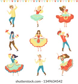 Brazilian Festa Junina Party, Happy Men and Women Dancing at Latin Festival Carnival Set Vector Illustration