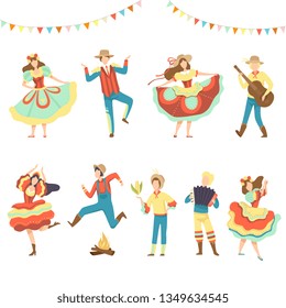 Brazilian Festa Junina Party, Happy Men and Women Dancing at Latin Holiday Festival Vector Illustration