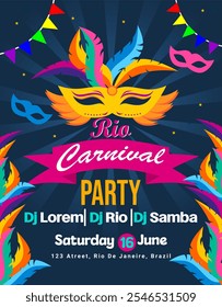 Brazilian Festival Festa RIo Carnival Party flyer Design with colorful carnival mask