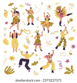 Brazilian Festival with People Dancing and Playing Musical Instrument Vector Set