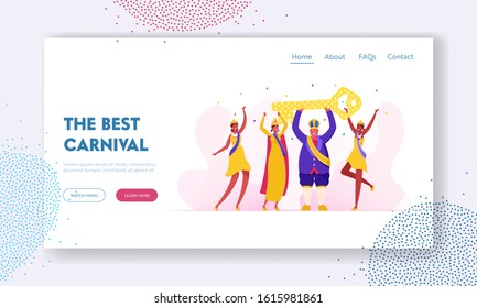 Brazilian Festive Performance Website Landing Page. Rio Carnival King Holding Huge Golden Key above Head, Girls Dancers Posing in Colorful Dresses Web Page Banner. Cartoon Flat Vector Illustration