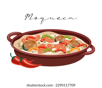 Brazilian fish soup with shrimp, coconut milk and chili, Moqueca, Latin American cuisine. Food illustration, vector	
