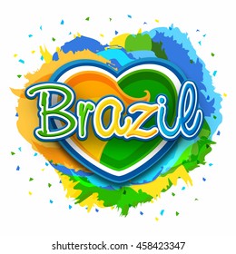 Brazilian Flag Colors Text Brazil on creative heart decorated abstract colorful background, Can be used as Poster, Banner or Flyer design. 