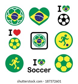 Brazilian flag, football or soccer ball icons set