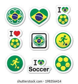 Brazilian flag, football or soccer ball icons set   