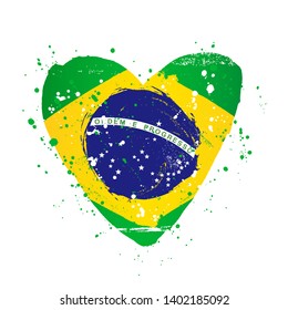 Brazilian flag in the form of a big heart. Vector illustration on white background. Brush strokes drawn by hand. Independence Day in Brazil.
