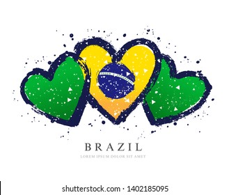 Brazilian flag in the form of three hearts. Vector illustration on white background. Brush strokes drawn by hand. Independence Day in Brazil.