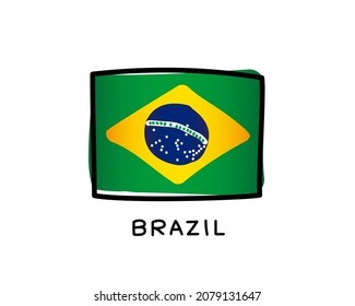 Brazilian flag. Green, yellow and blue hand-drawn brush strokes. Black outline. Vector illustration isolated on white background.