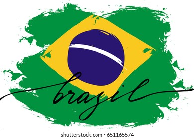 Brazilian flag handwriting text calligraphy flag of brazil of with handwritten text, vector. There are true colors of flag