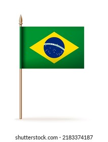 The Brazilian flag icon. Brazilian flag on a gold flagpole. Vector illustration isolated on white