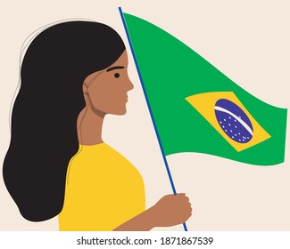 Brazilian flag isolated. Flat vector stock illustration. Patriotism in Brazil. Brazil independence day concept. Illustration of a woman citizen with a national flag