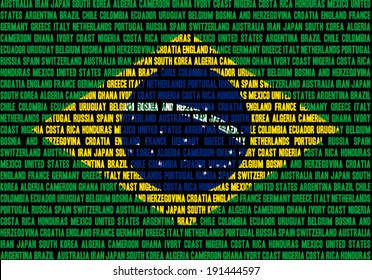 Brazilian flag made out of team names which play at Brasil 2014 football championship, team names in separate rows, all equal size.