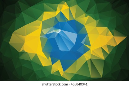 Brazilian flag made from polygons. Vector illustration in yellow, blue and green colors