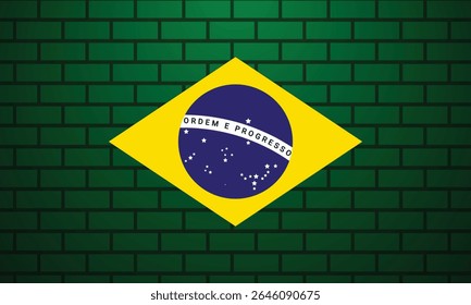 Brazilian Flag on a Dark Green Brick Wall.