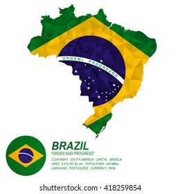 Brazilian flag overlay on Brazilian map with polygonal style.(EPS10 art vector)