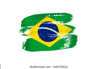 Brazilian flag painted with brush strokes. Vector grunge flag of Brazil isolated on white background.