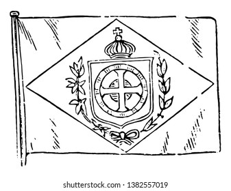Brasilianische Flagge, diese Flagge hat Schild, Lorbeerwreath, Weltkugel im Rhombus, Vintage-Linien-Zeichnung oder Grabgrafik 