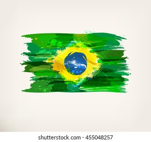 Brazilian flag. Watercolor hand drawn national flag. Watercolor background, ink stains, colors in Brazil concept. in Brazil flag concept. Template for cover design, advertising, banner, card, brochure