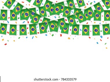 Brazilian flags garland white background with confetti, Hang bunting for Brazil national Day celebration template banner, Vector illustration