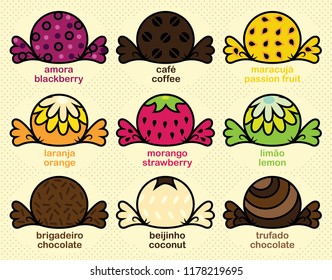 Brazilian flavors (like Beijinho, Brigadeiro, Trufado), chocolate bonbon candy in colorful wrap package