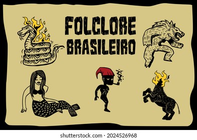 Brazilian folklore characters set. Illustration in woodcut style.