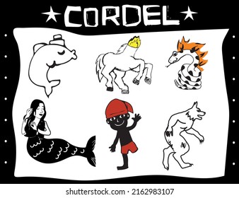 Brazilian folklore characters set. Illustration in woodcut style. Cordel-style illustration of several Brazilian legends.